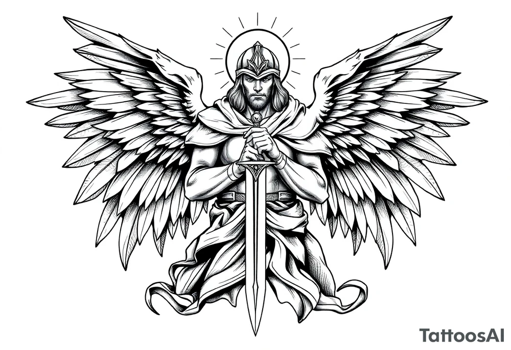 Holy Archangel, Biblical, Christianity, Hebrew, Guards of Christianity, Holding a sword, has six wings, wearing helmet, halo, seraphim, seek justice, walk only with God tattoo idea