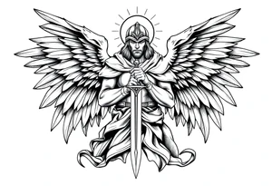 Holy Archangel, Biblical, Christianity, Hebrew, Guards of Christianity, Holding a sword, has six wings, wearing helmet, halo, seraphim, seek justice, walk only with God tattoo idea