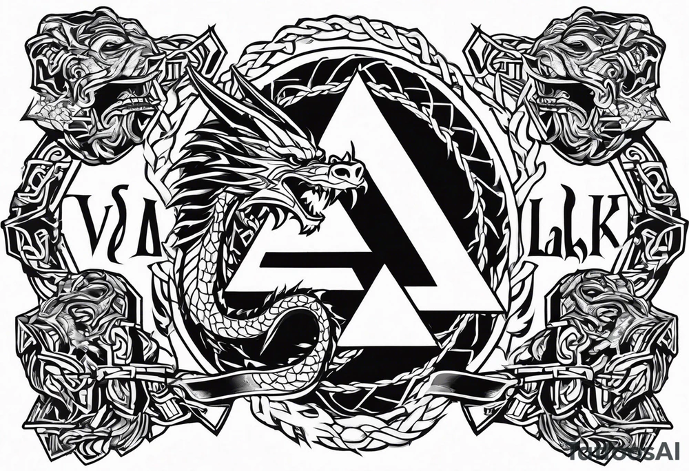 Valhalla sword shield axe barbed wire chains valknut fire dragon tattoo idea Valhalla sword shield axe barbed wire chains valknut fire dragon tattoo idea