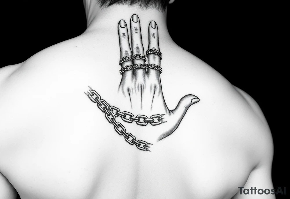Chains surrounded around fingers to the wrist while connecting to the pointer finger and thumb tattoo idea