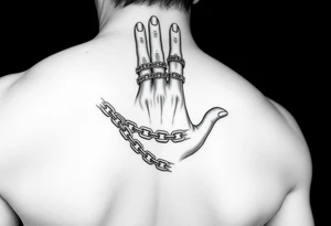 Chains surrounded around fingers to the wrist while connecting to the pointer finger and thumb tattoo idea