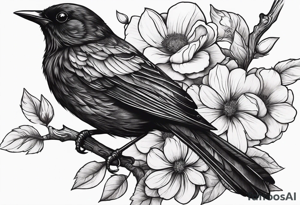 Black bird about to fly on a branch with flowers tattoo idea