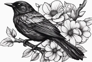 Black bird about to fly on a branch with flowers tattoo idea