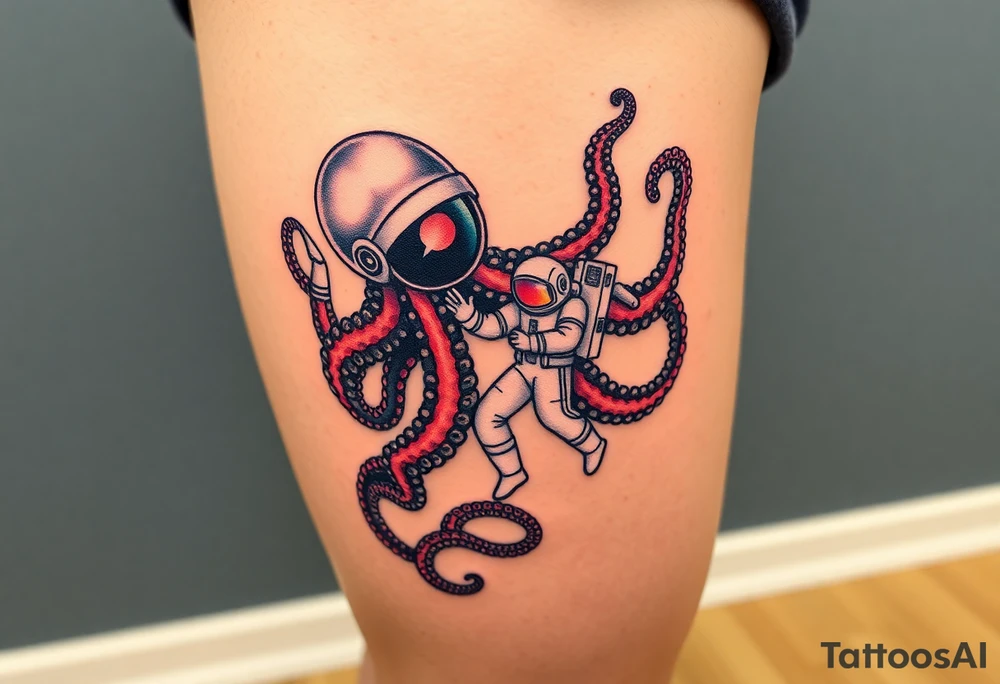 Kraken octopus grabbing a astronaut in a Outer space back ground tattoo idea