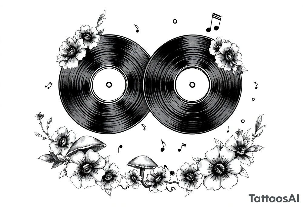 two vinyl records surrounded by flowers, mushrooms, and music notes tattoo idea