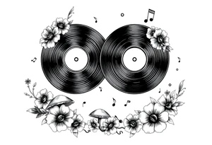 two vinyl records surrounded by flowers, mushrooms, and music notes tattoo idea