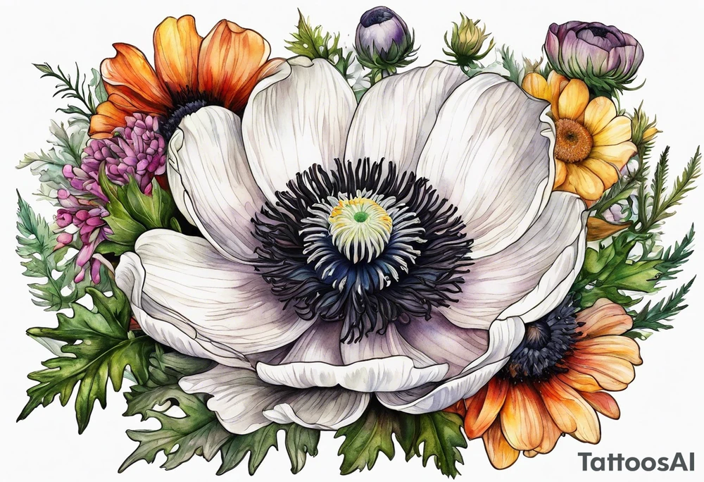 one white anemone with black center in the middle of mixed colorful wildflowers all with different shapes including thistles, ferns, ranuculus, and sun flowers all in watercolor tattoo idea
