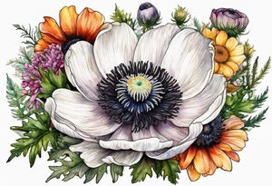 one white anemone with black center in the middle of mixed colorful wildflowers all with different shapes including thistles, ferns, ranuculus, and sun flowers all in watercolor tattoo idea