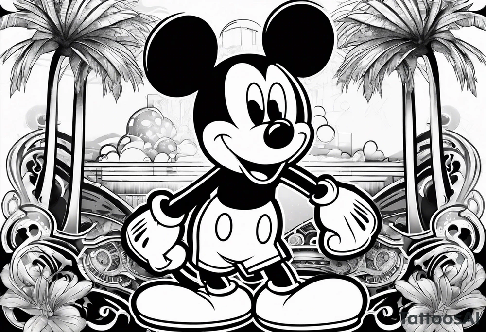 tron style mickey mouse with palm trees tattoo idea