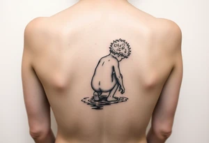 minimalist back view of curly headed son squatted down putting his fingers in the water/pond tattoo idea