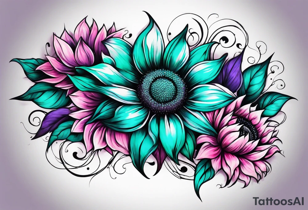 Teal, pink and purple sunflower sleeve tattoo idea