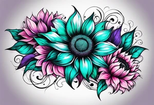 Teal, pink and purple sunflower sleeve tattoo idea