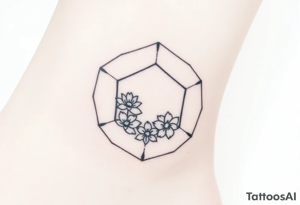 Hexagon with a constellation sign for Leo, larkspur and water lilies in the center tattoo idea