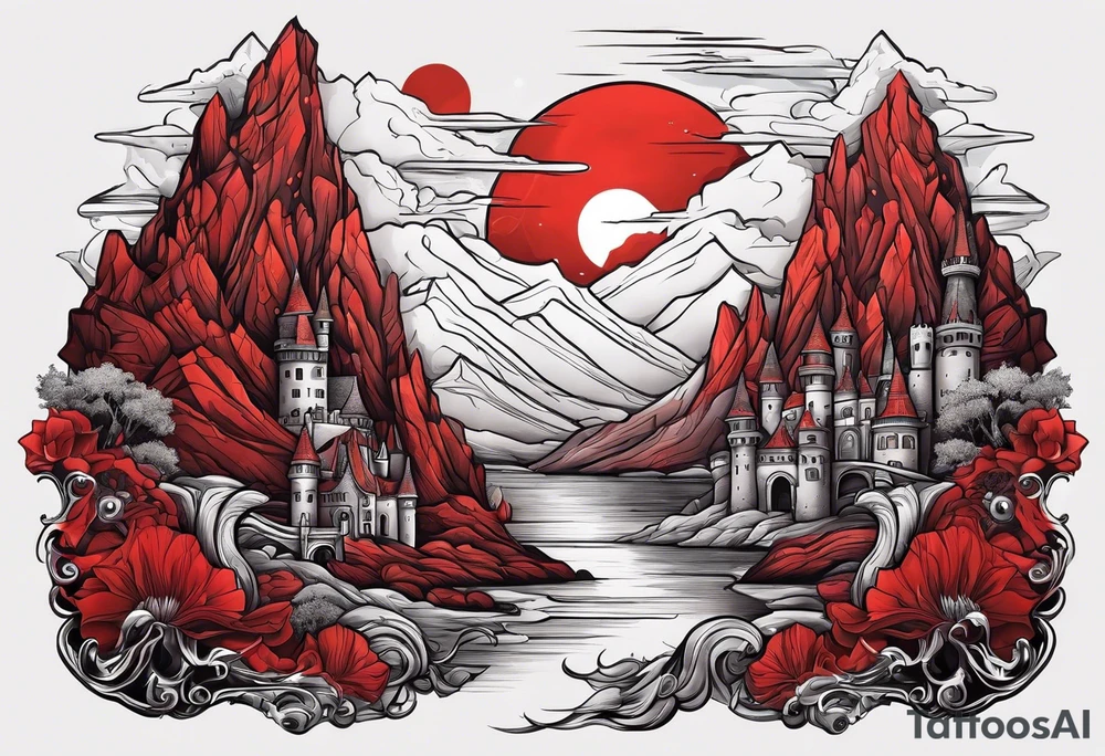 red mountains which there are two fantasies castles. tattoo idea