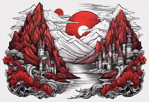red mountains which there are two fantasies castles. tattoo idea