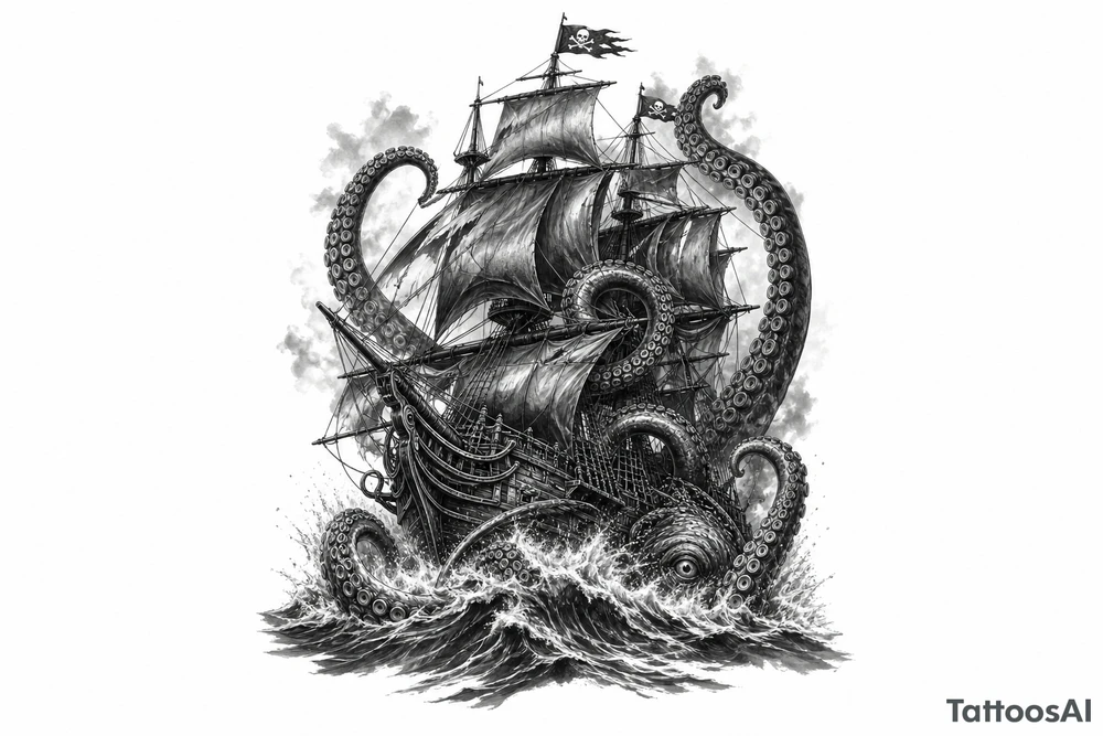 Black and grey pirate ship battling kraken tentacles, dark ocean, dramatic lighting. tattoo idea