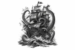 Black and grey pirate ship battling kraken tentacles, dark ocean, dramatic lighting. tattoo idea