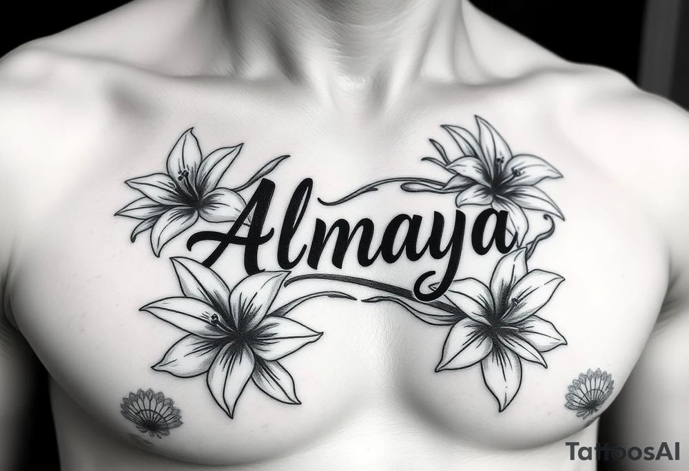The name Almaya surrounded by Lilies. I want this on my ribs tattoo idea