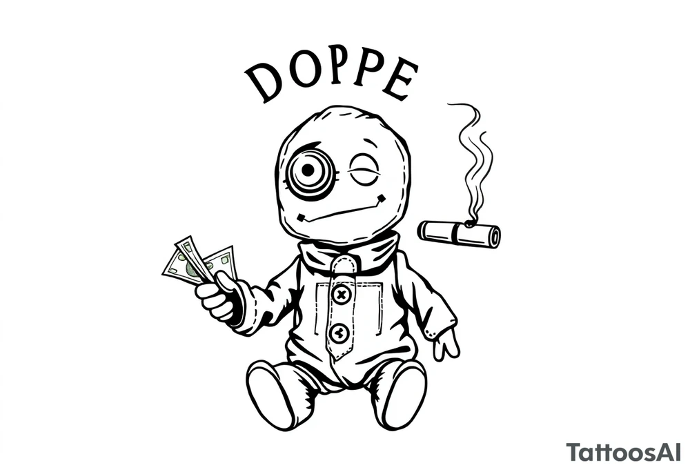 Stitched up rag doll with a button as one eye and some thread as the other. Holding some money in one hand and a cigar in the other hand. Smoke pouring off the cigar with the cloud of smoke above spelling out the word DOPE tattoo idea
