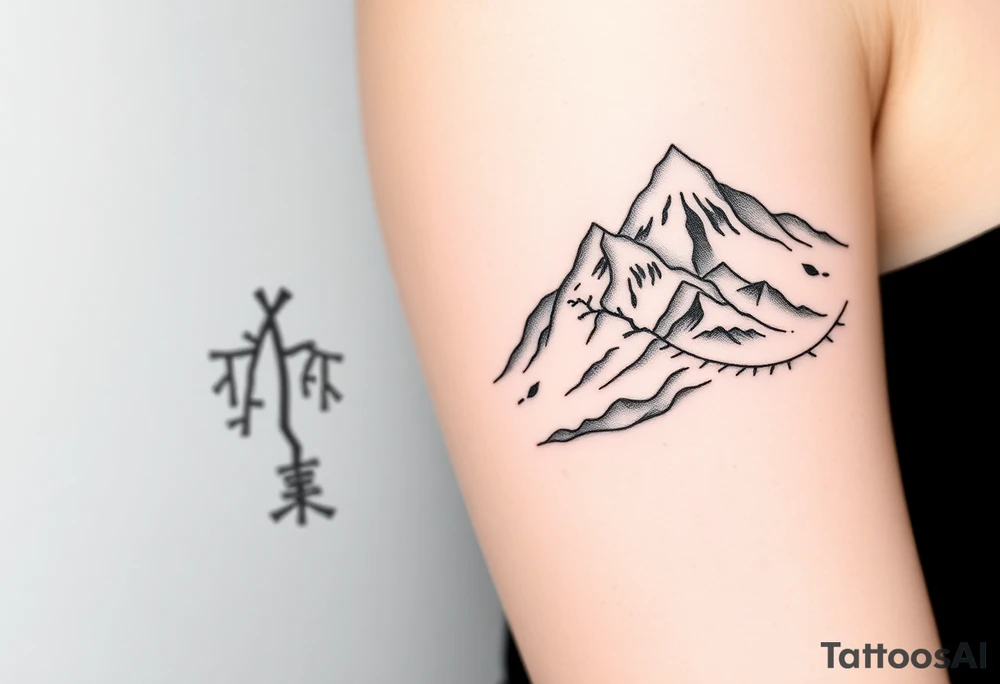 Split scene: stormy forest with tangled branches on one side, peaceful mountain range on the other. Blended transition. Black and white, minimalist tattoo idea