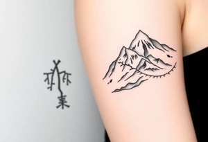 Split scene: stormy forest with tangled branches on one side, peaceful mountain range on the other. Blended transition. Black and white, minimalist tattoo idea