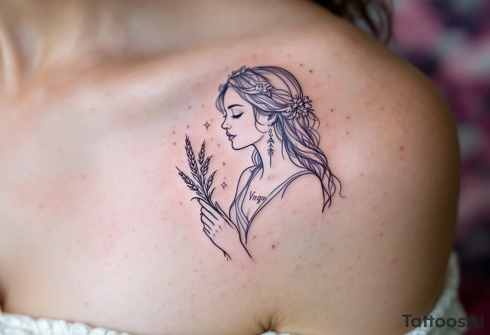 A delicate Virgo constellation in shimmering silver ink rests above a lavender line-art maiden holding wheat. tattoo idea