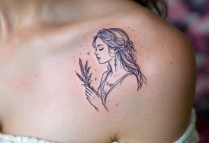 A delicate Virgo constellation in shimmering silver ink rests above a lavender line-art maiden holding wheat. tattoo idea