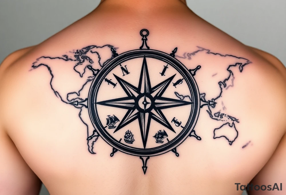 antique compass rose overlaid on weathered world map with sailing ships tattoo idea