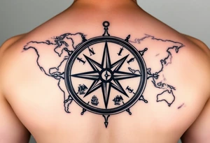 antique compass rose overlaid on weathered world map with sailing ships tattoo idea