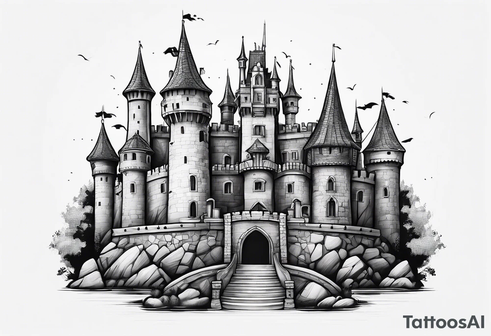 A Castle with legs and arms tattoo idea
