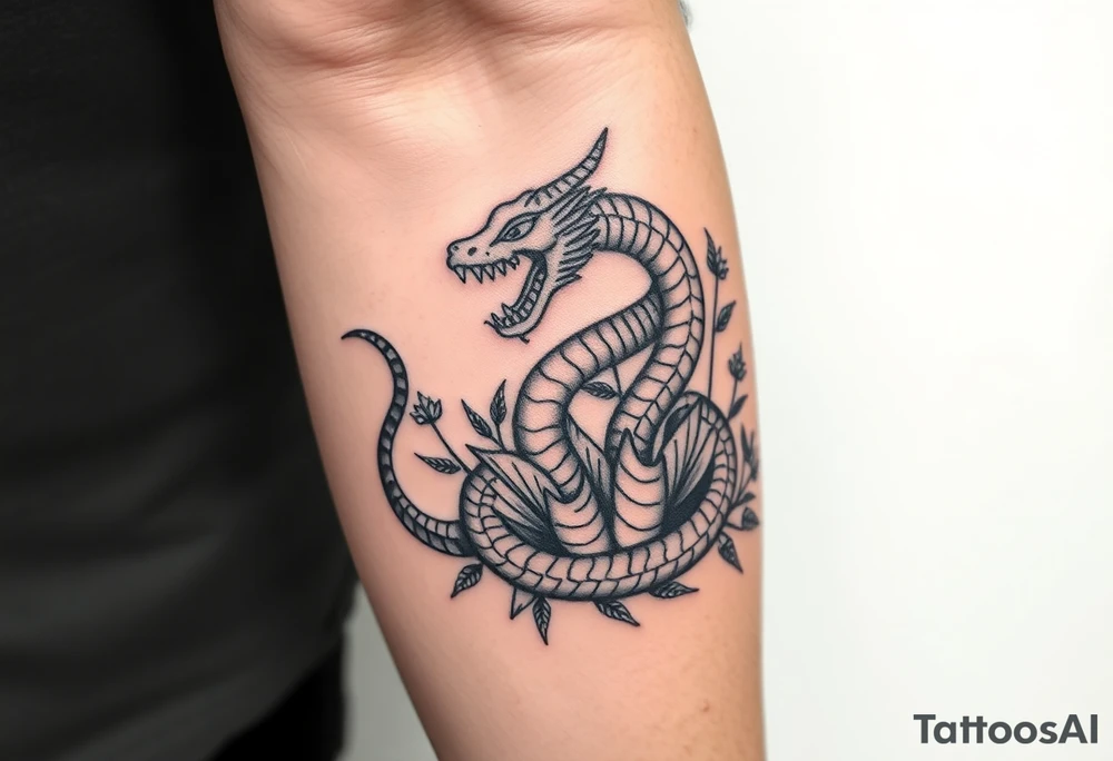 Large mythical serpent near plants tattoo idea