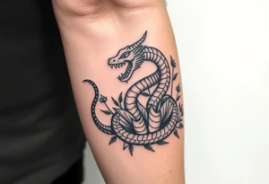 Large mythical serpent near plants tattoo idea