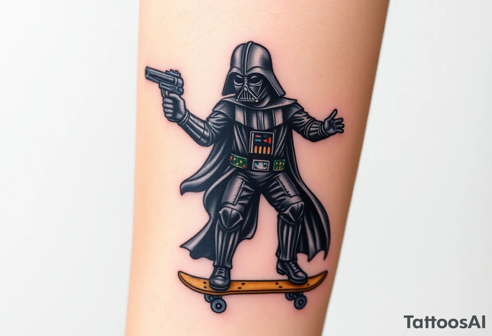 Darth Vader skateboarding holding gun > bullets > memorial > god > colors > futuristic 
add name "Darth Carter" on skateboard
add date in loving memory 12/29/88-01/06/24 tattoo idea