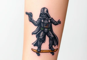 Darth Vader skateboarding holding gun > bullets > memorial > god > colors > futuristic 
add name "Darth Carter" on skateboard
add date in loving memory 12/29/88-01/06/24 tattoo idea
