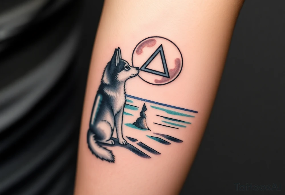 smALL HUSKY LOOKING AT A TRIBAL MOON STANDONG IN THE SAND IN THE SEA WITH THE CONSTALATION OF SAGITARIUS PUT COLOR tattoo idea