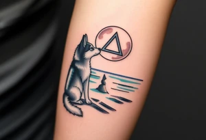 smALL HUSKY LOOKING AT A TRIBAL MOON STANDONG IN THE SAND IN THE SEA WITH THE CONSTALATION OF SAGITARIUS PUT COLOR tattoo idea