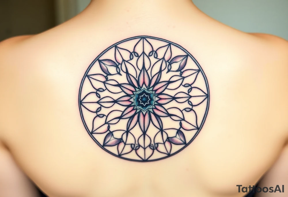 A symmetrical Flower of Life with hexagonal crystal and geometrical details in round cyrcle, enhancing its sacred geometric nature. tattoo idea