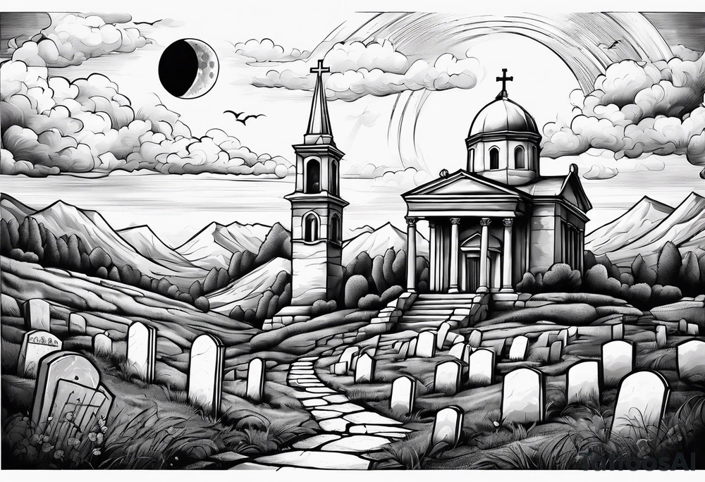 Graveyard with moon and greek church on hills with clouds tattoo idea