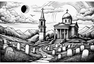 Graveyard with moon and greek church on hills with clouds tattoo idea