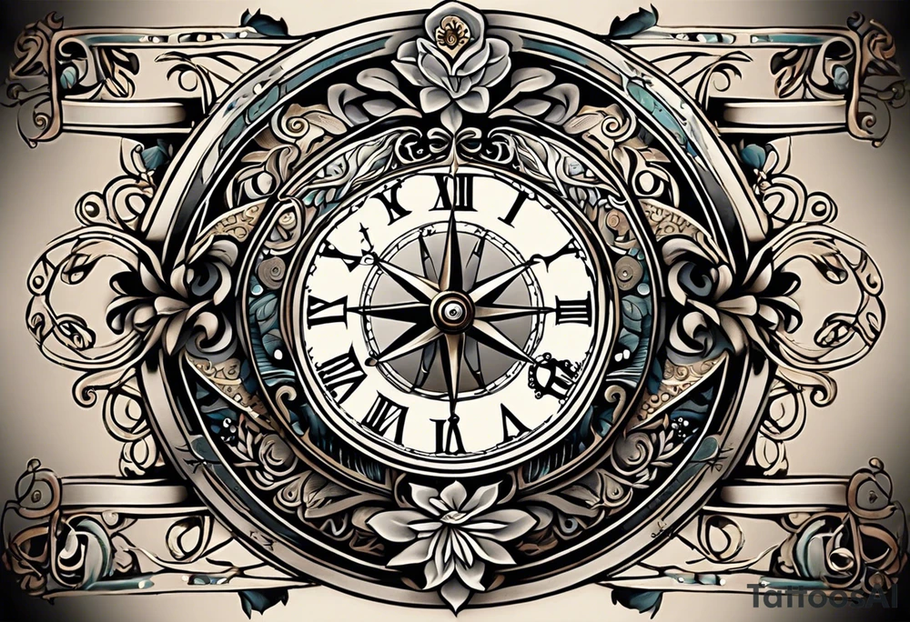 Craft a tattoo design that seamlessly integrating the tree of life, a doctor bird, lignum vitae flowers, a nautical compass, and an old-school pocket watch. The design should flow from the arm to the chest, emphasizing equal importance for each element. Utilize traditional the petals to tribal lines to separate and combine patterns and symbolism to convey meaningful representation of these elements within the design, executed in a black and grey color scheme tattoo idea
