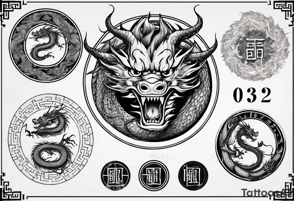 Chinese dragon in a circular shape with "02.03" written on its skin tattoo idea