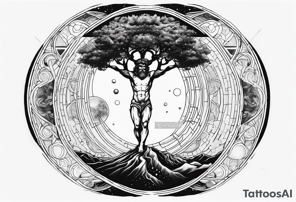 very masculine tattoo about creation including atlas carrying world, vitruvian man, touch of god and tree of life and fibonacci spiral for forearm tattoo idea