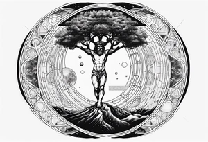 very masculine tattoo about creation including atlas carrying world, vitruvian man, touch of god and tree of life and fibonacci spiral for forearm tattoo idea