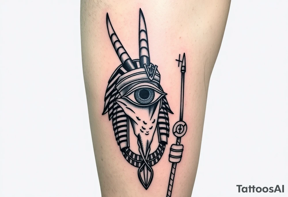 "Anubis as gold chains, Crip bandana. His staff is a satellite antenna. Floating Eye of Horus is a blockchain audit log.  

Style: Hyper-detailed blackwork. Thigh/calf placement." tattoo idea