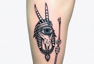 "Anubis as gold chains, Crip bandana. His staff is a satellite antenna. Floating Eye of Horus is a blockchain audit log.  

Style: Hyper-detailed blackwork. Thigh/calf placement." tattoo idea