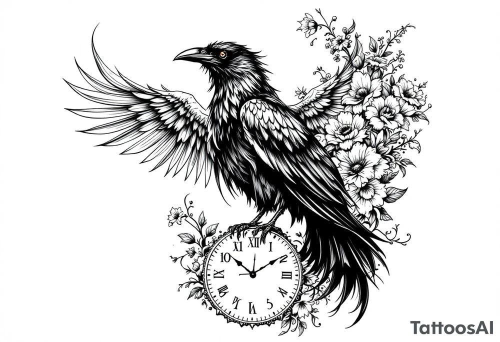 mandala winged black raven surrounded by flowers standing on a clock face tattoo idea