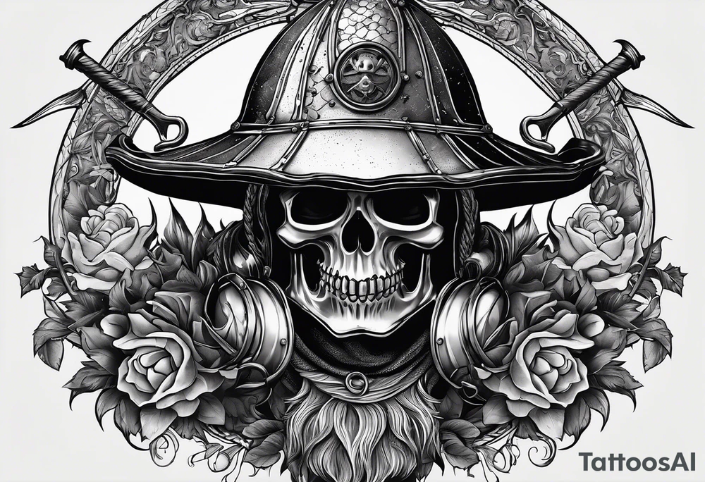 a figure of a fisherman, a knight's helmet, a floorball ball, a ram's skull tattoo idea