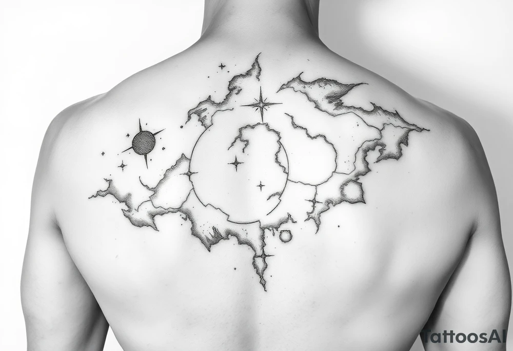 The galaxy using negative spaces that covers the shoulder and migrates down the back tattoo idea