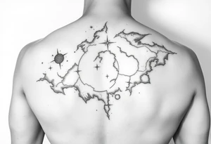 The galaxy using negative spaces that covers the shoulder and migrates down the back tattoo idea