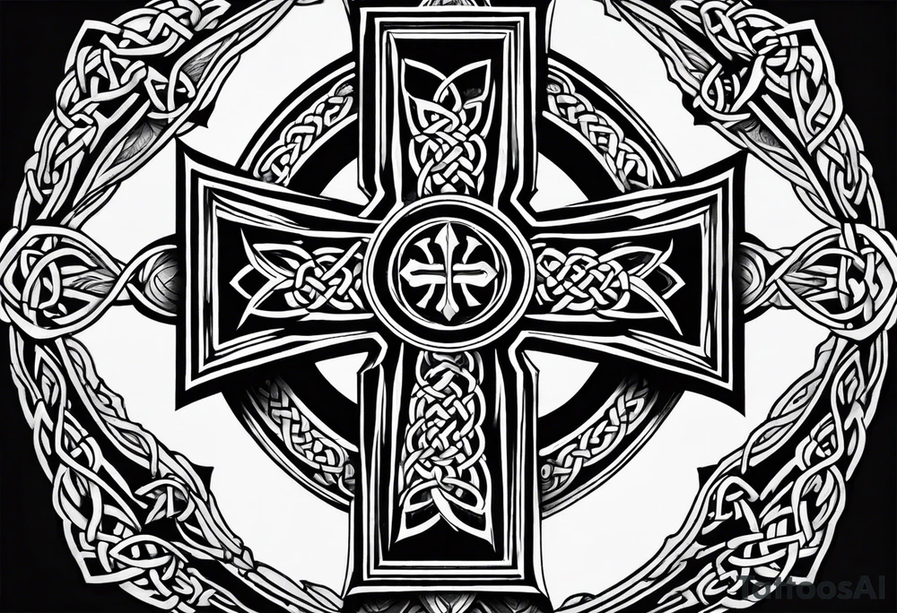 Celtic cross, shamrock in center of cross, one Indian feather hanging from each side arm of cross tattoo idea